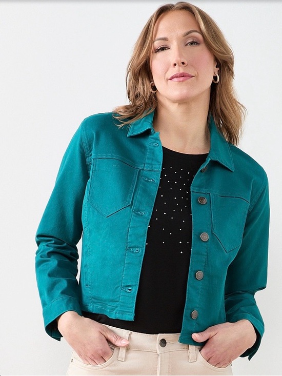 cleo Jackets & Blazers - cleo Peacock (Teal) Coloured Cropped Fitted Denim Jacket Size S